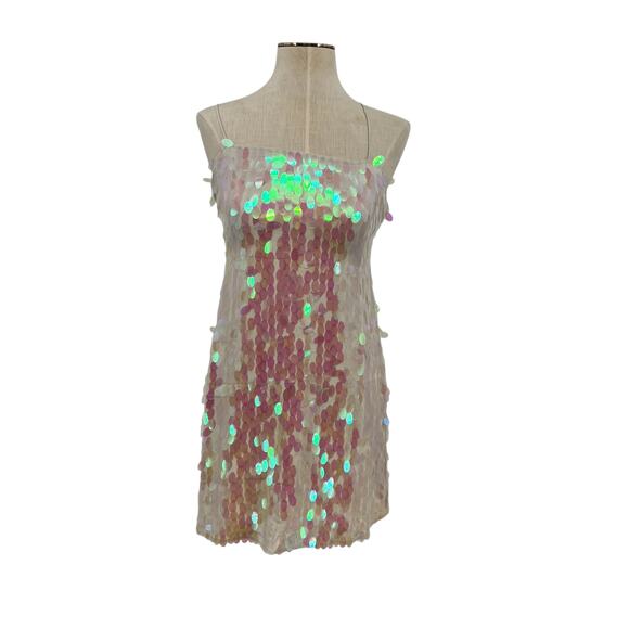 Free People Mermaid Mini Dress Sequin Iridescent Cream White Pink Size 2 - Picture 2 of 13